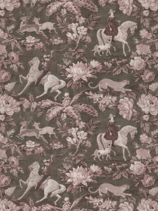 Cowboy Toile  Linen Fabric by Nathan Turner - Pink Brown For Sale