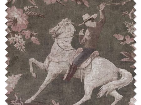 Cowboy Toile  Linen Fabric by Nathan Turner - Pink Brown For Sale