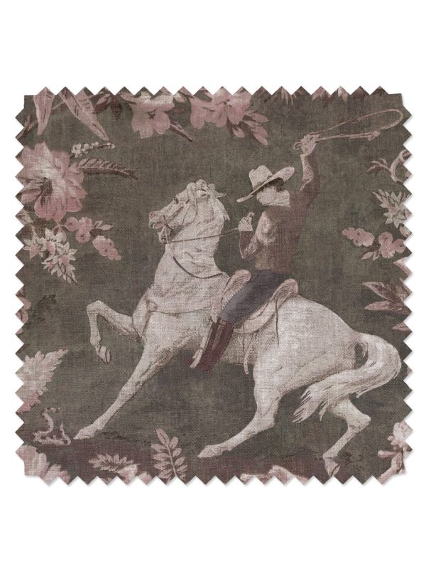 Cowboy Toile  Linen Fabric by Nathan Turner - Pink Brown For Sale