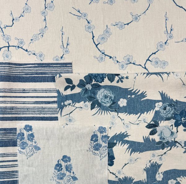 Cherry Blossom  Linen Fabric by Nathan Turner - Blue For Sale