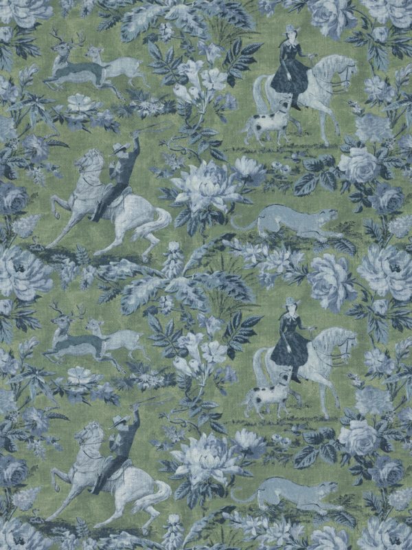 Cowboy Toile  Linen Fabric by Nathan Turner - Green Blue For Cheap