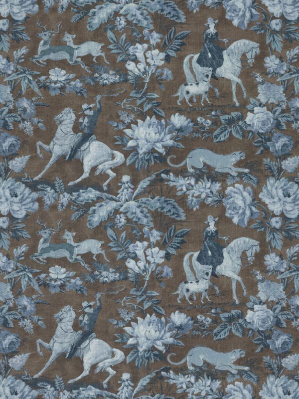 Cowboy Toile  Linen Fabric by Nathan Turner - Blue Brown Sale