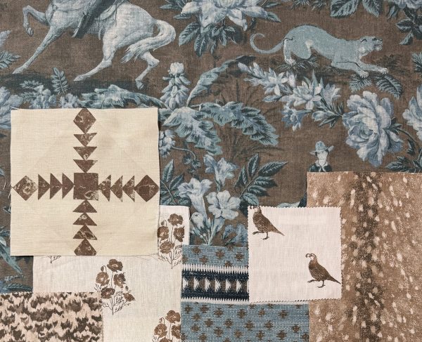 Cowboy Toile  Linen Fabric by Nathan Turner - Blue Brown Sale