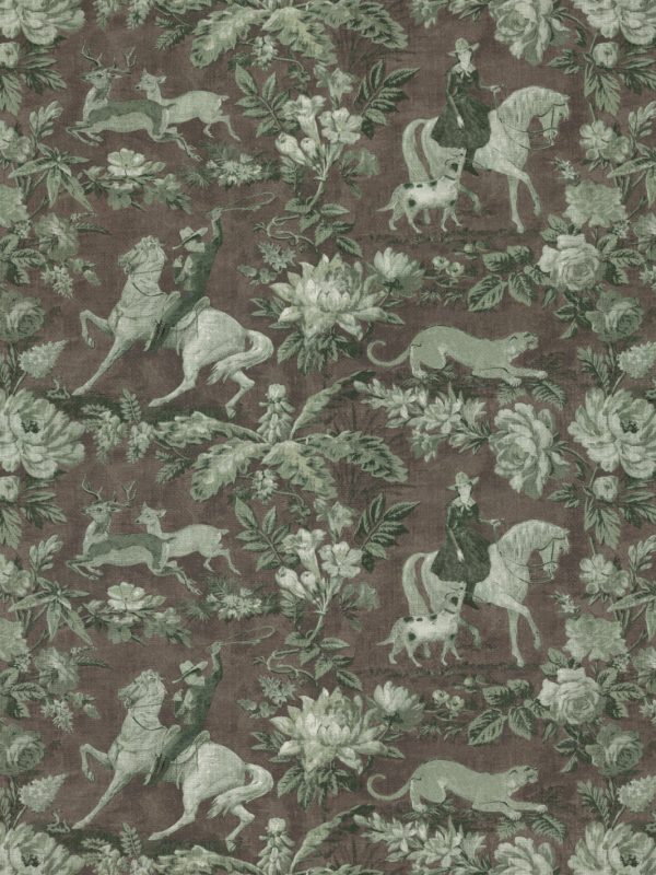 Cowboy Toile  Linen Fabric by Nathan Turner - Moss Brown For Sale