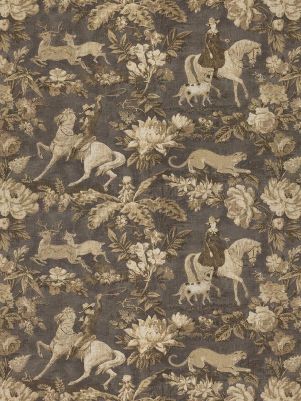 Cowboy Toile  Linen Fabric by Nathan Turner - Gold Brown For Sale