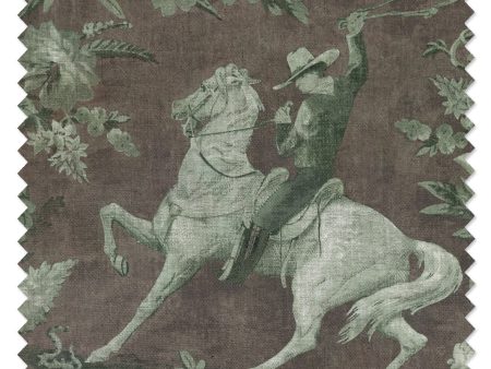 Cowboy Toile  Linen Fabric by Nathan Turner - Moss Brown For Sale