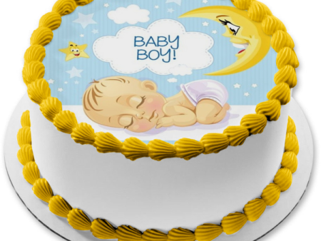 Baby Boy Sleeping Moon Stars Blue Background Baby Shower Edible Cake Topper Image ABPID21925 For Discount