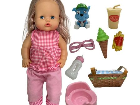 Talking Baby Doll With a Dog Picnic Bag 16In For Cheap