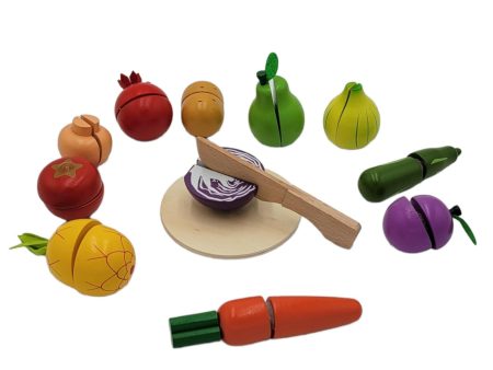 Kids Wooden Cutting Fruit And Vegetables Set With four slices of fruit, one sliceable knife For Sale